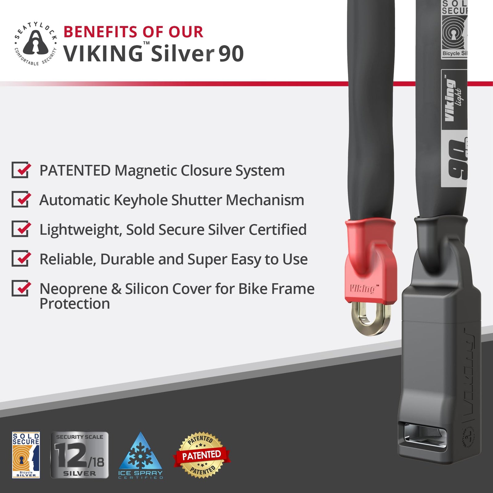 Seatylock Viking Silver 90 Patented Magnetic Bike Chain Lock with Key